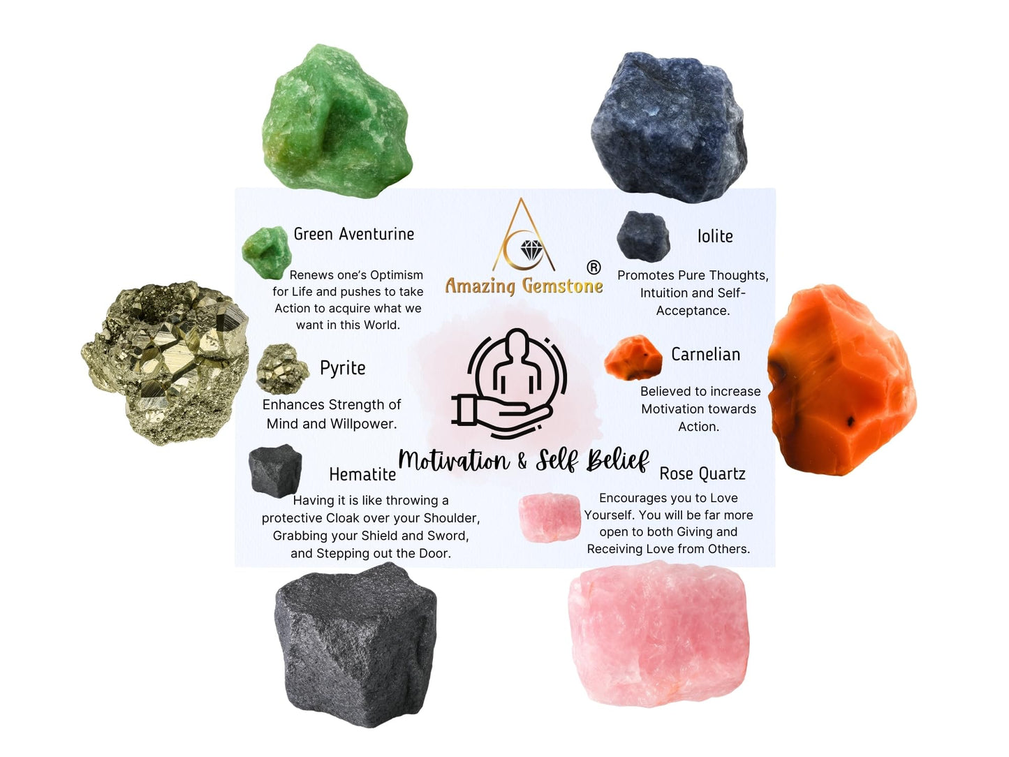 Amazing Gemstone Crystals for Motivation & Self Belief Manifestation, Set of 6 Green Aventurine, Pyrite, Hematite, Iolite, Carnelian and Rose Quartz Healing Crystals and Stones