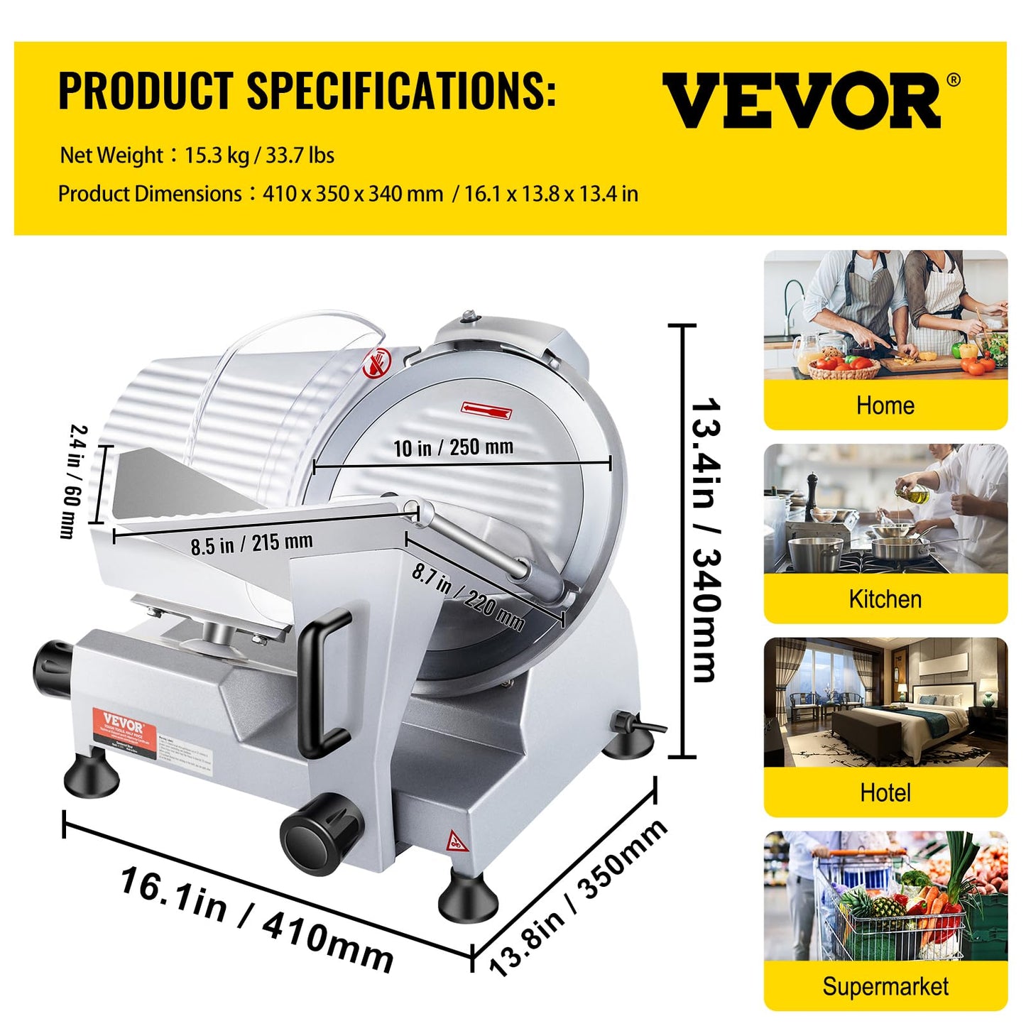 VEVOR Commercial Meat Slicer, 10 inch Electric Food Slicer, 240W Frozen Meat Deli Slicer, Premium Chromium-plated Steel Blade Semi-Auto Meat Slicer For Commercial and Home use
