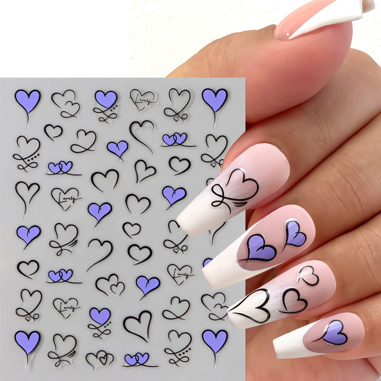 6 Pcs Heart Nail Art Stickers Valentines Day Nail Decals 3D Self Adhesive Hearts Nail Sticker Pink Purple Red Gold Heart Love Design Hollow Heart Nails Supplies Holiday Nail Accessories for Women