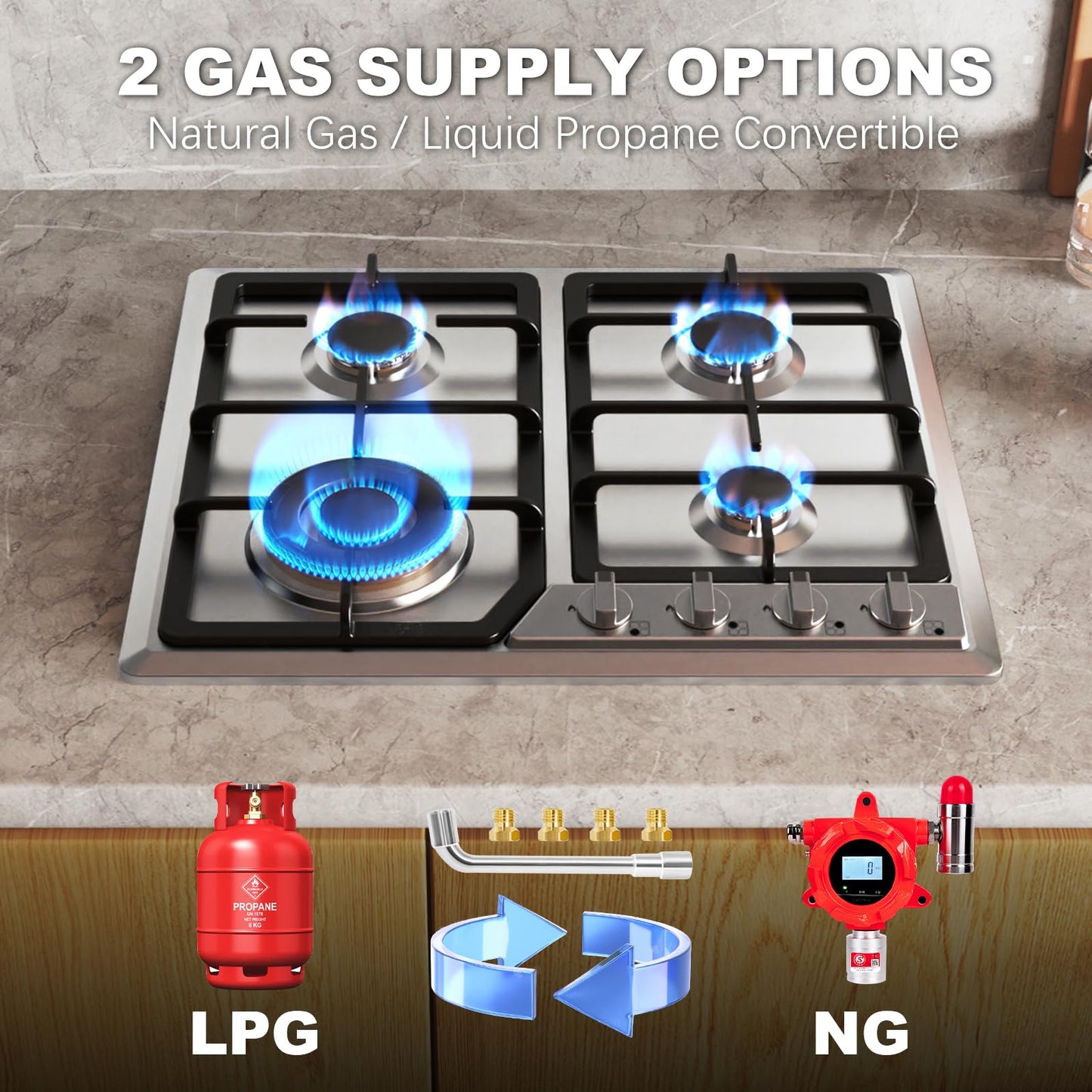 Alemania 24 Inch Built-in Gas Stove with 4 Burners, Stainless Steel Cooktop with Cast Iron Racks, NG/LPG Compatible Hob for Modern Kitchen