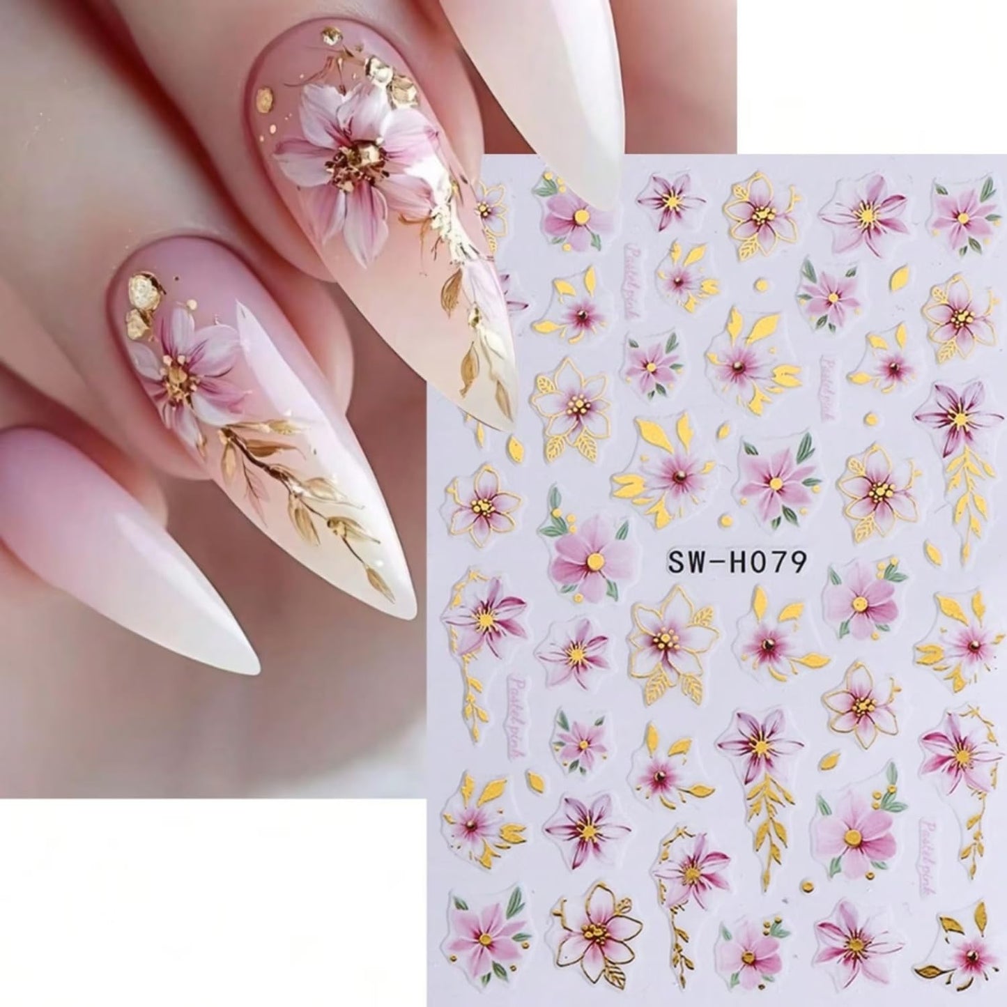 Cherry Blossoms Nail Art Sticker Decal 6Pcs 3D Elegant Self-Adhesive Nail Stickers Gold Leaves Nail Decal Pink Floral Nail Supply Spring Summer Flower Nails Design for Women Manicure DIY Decoration