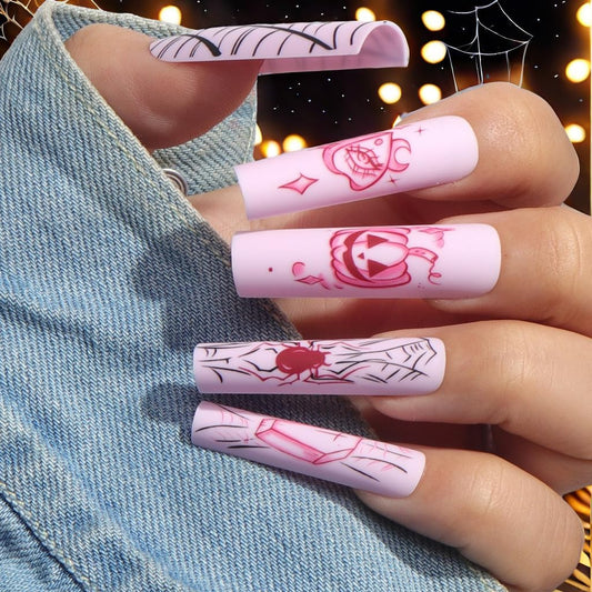 Press on Nails Extra Long - Aegenacess Square Press On Nails with Spooky Pumpkin Spider Web, Light Purple Matte Fake Nails with Glue Sticker, Handmade 24 pcs Stick On Nails False Nail in 12 Sizes