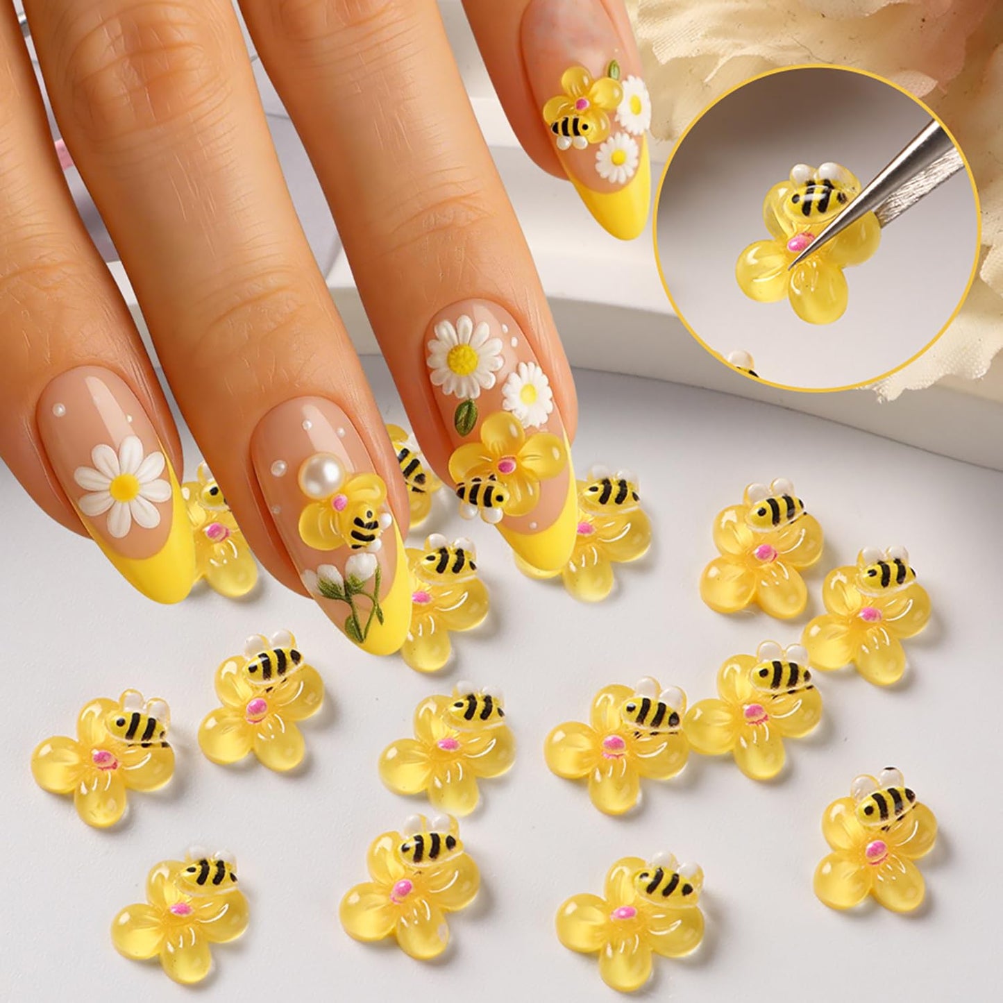 Flowers Bees Nails Art Decoration Spring Summer Acrylic Nails Supplies Holographic Relief Cute Cartoon Bee Flower Nail Ornaments Acrylic Jewelry Studs Nail Art Flakes for Women Manicure Decor