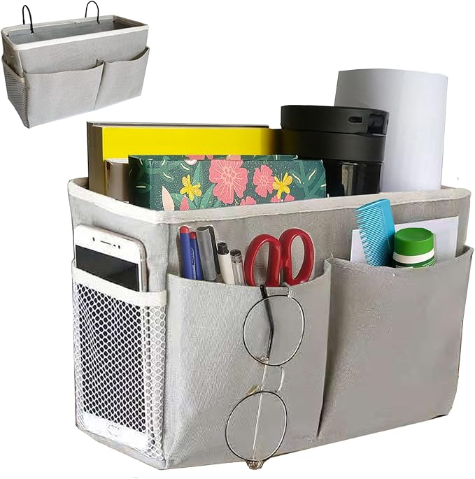 Bedside Caddy, Bedside Hanging Storage Organizer for College Dorm Bed, Bunk and Hospital Beds, Can be Placed Books, Phones,Keys, Glassesï¼Magazine Holder (Grey, 1)
