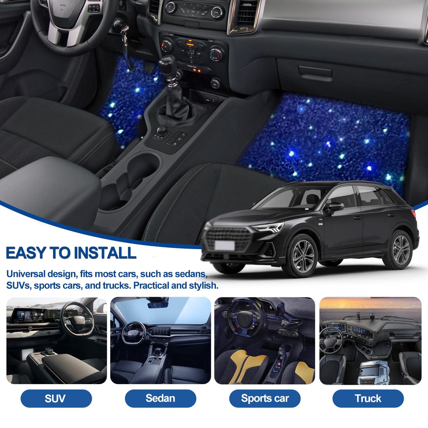 Starlight Floor Mats for Car, LED Fiber Optic Mats with App Control, Universal Fit - Waterproof Washable, Full Set Shiny Starry Sky Non-Slip Car Mat - USB Cable