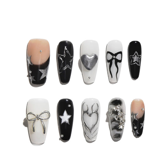 Sun&Beam Nails Handmade Press-on Medium Coffin Ballerina Black Silver White Grey French Star Rhinestone Design Fashion False Nail Tips 10 Pcs Set (#178 M)