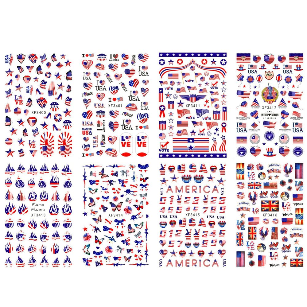 Flag Nail Stickers Independence Day Nail Sticker July 4, August 7 Patriotic Designer Nail Art Decals 3D Self-Adhesive American Flag Stickers for Women Girls Manicure 400+ Patterns