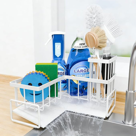 Fikoksol Large Sponge Holder for Kitchen Sink, 90-Degree Sink Caddy Organizer with Dish Brush Holder for Countertop Corner Storage Rack, Metal L Kitchen Sink Sponge Soap Organizer Storage Idea (White)