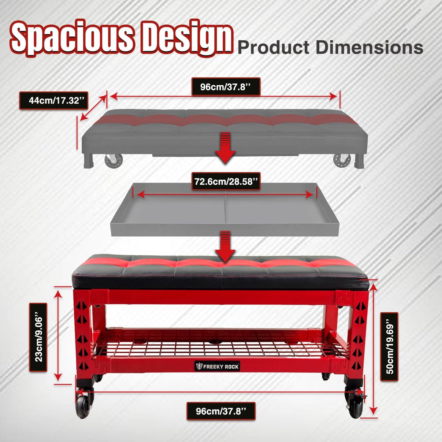 FREEKYROCK Heavy Duty Garage Bench Stool with Removable Creeper Pad, 2 Storage Shelves & 4 Wheels, 500LB Capacity Mobile Work Seat for Workshop, Car Repair, Red