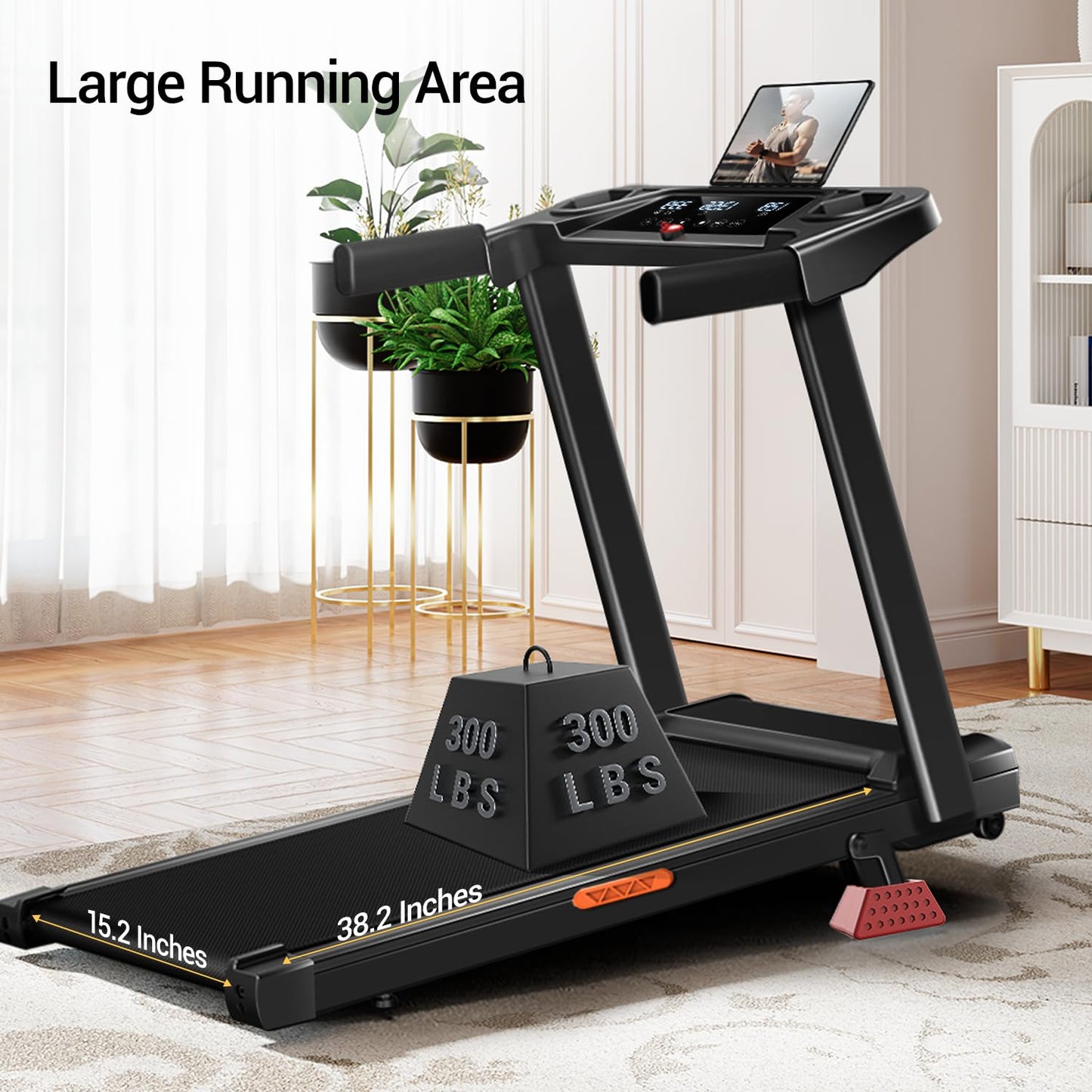 16% Incline Treadmill with Handle, 3-in-1 Portable Treadmills for Home and Office, Foldable Treadmills with 300 Lbs Weight Capacity, 3.0HP Quiet Walking Pad Treadmill, Three Screen (16% Black)