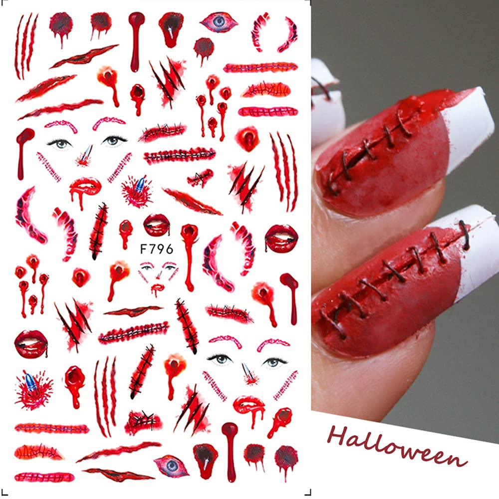 TOFD Blood Nail Art Stickers Halloween Sticker Decals, Self Adhesive 3D Supplies Scar Clown Snake Eye Heart Designs for Women Girls Acrylic Nails, 4 Count (Pack of 1)