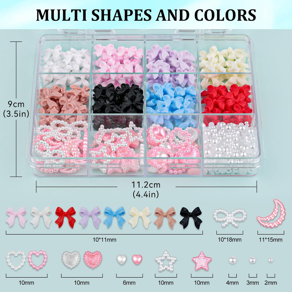 600 Pcs 3D Nail Charms and Flatback Pearls #1, 8 Colors Nail Bows + Pink&White Star Heart Moon Cute Bow Charms + 2-6mm White Pearls for Nail Art Design with Nail Charm Glue(UV Needed) and Pickup Tools
