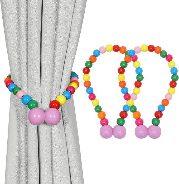 KLOGTSIND Magnetic Curtain Tiebacks, Curtain Tie Backs for Curtains 2 Pack, Wood Bead Curtain Tiebacks, Curtain Holders for Boho Bedroom Decor, Baby Nursery Decor, Farmhouse DÃ©cor