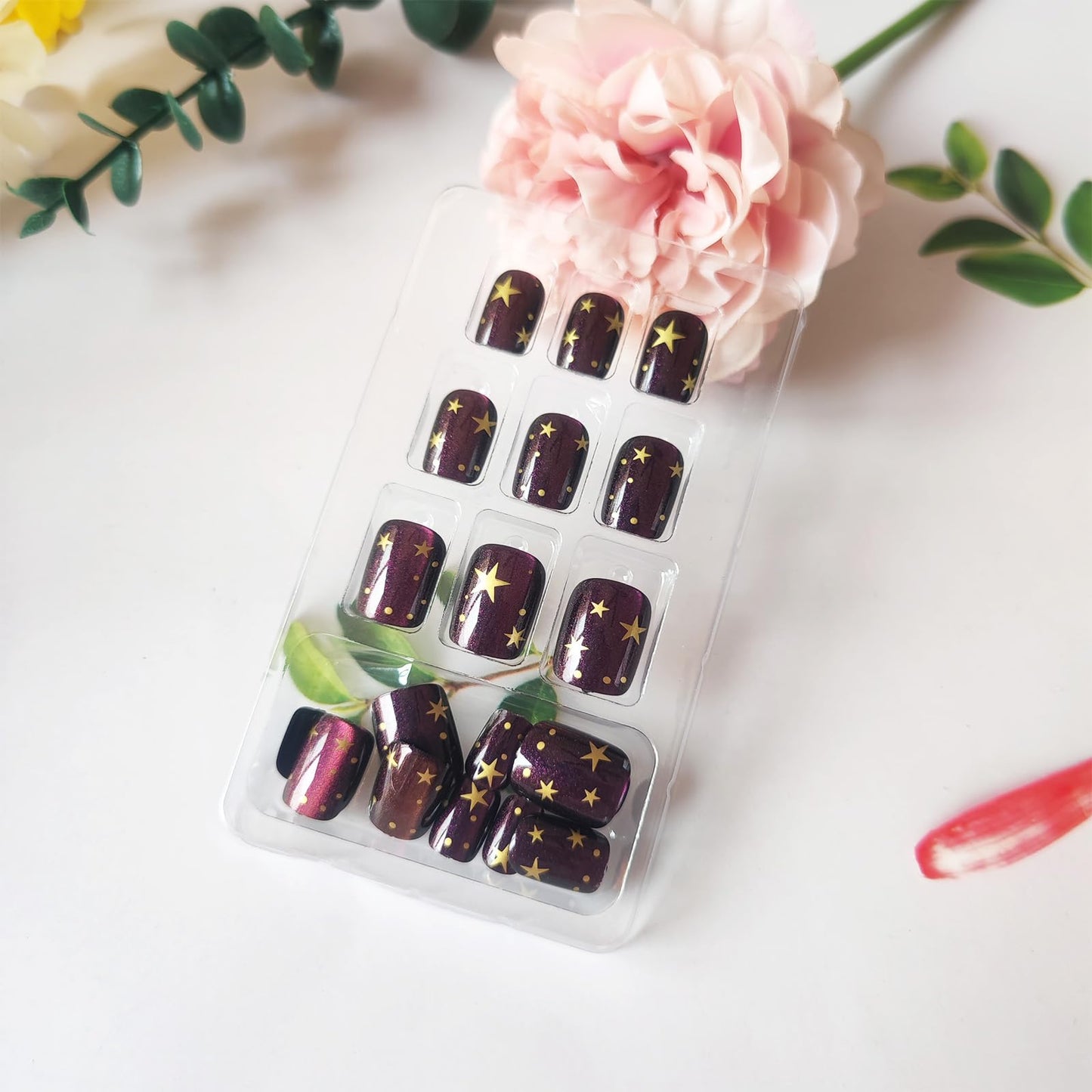 HZJXRT Press on Nails 24 Pcs Starry Sky Gel Glue on Nail Glossy Purple Glitter Stick on Fingernail Gold Stars Acrylic Fake Nail Polka Dots Short Square False Nails for Coquette Women Gift