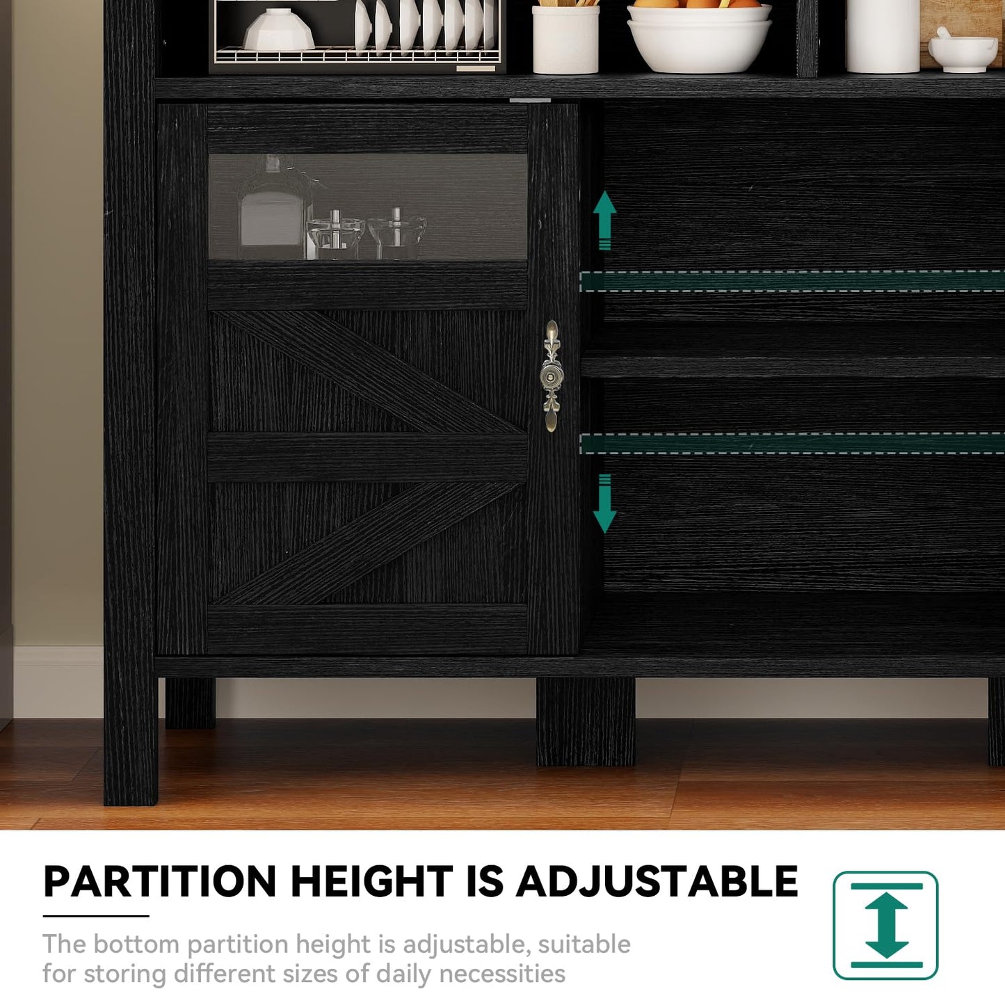 YITAHOME 55'' Farmhouse Buffet Cabinet with Storage, Large Sideboard Cabinet with 2 Doors & Open Storage, Versatile Coffee Bar Table for Kitchen & Living Room (Black)