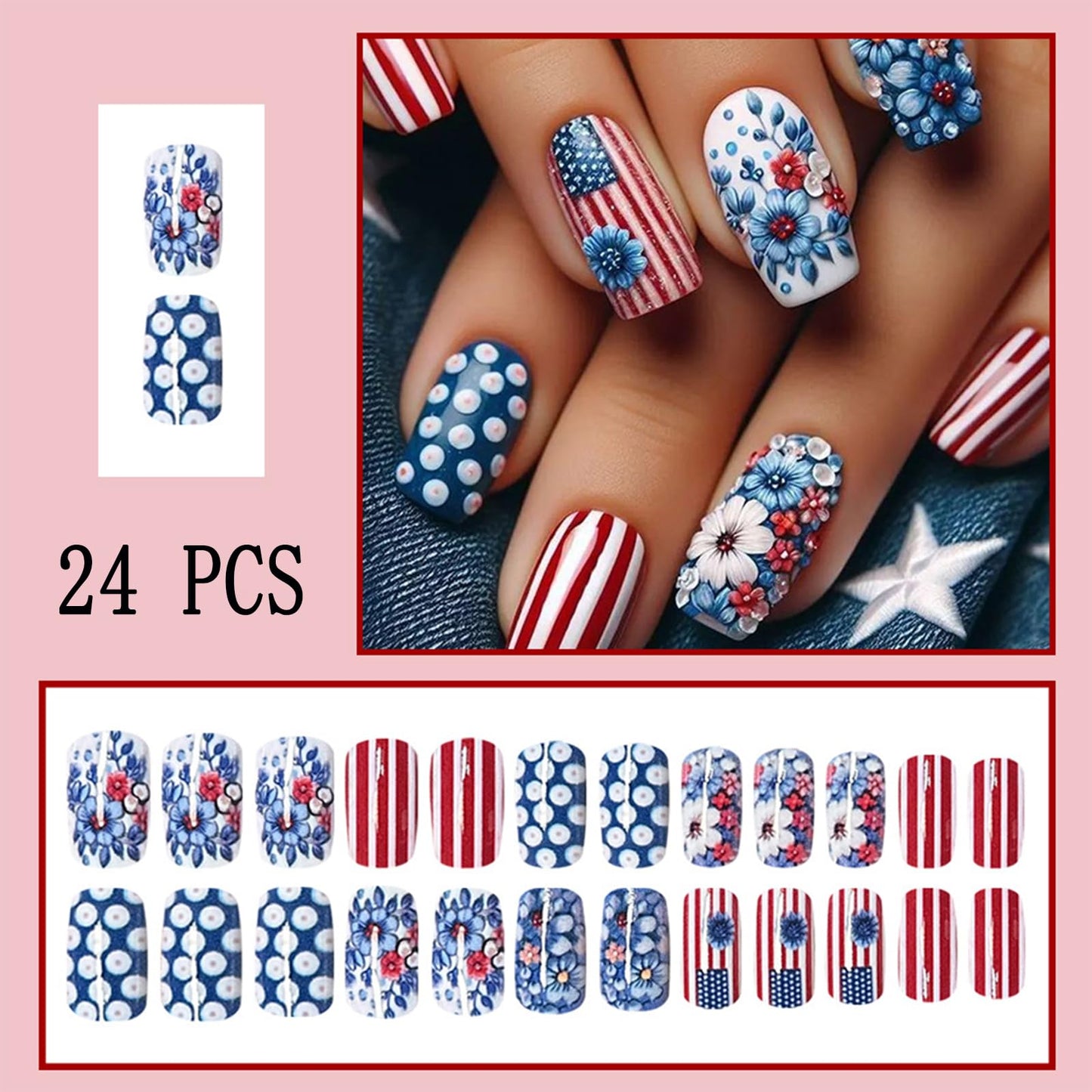 24Pcs Independence Day Flowers Press on Nails Short Square 4th of July Fake Nails Patriotic Red White Stripes Design False Nails Full Cover American Flag Nails for Women Manicure Decoration