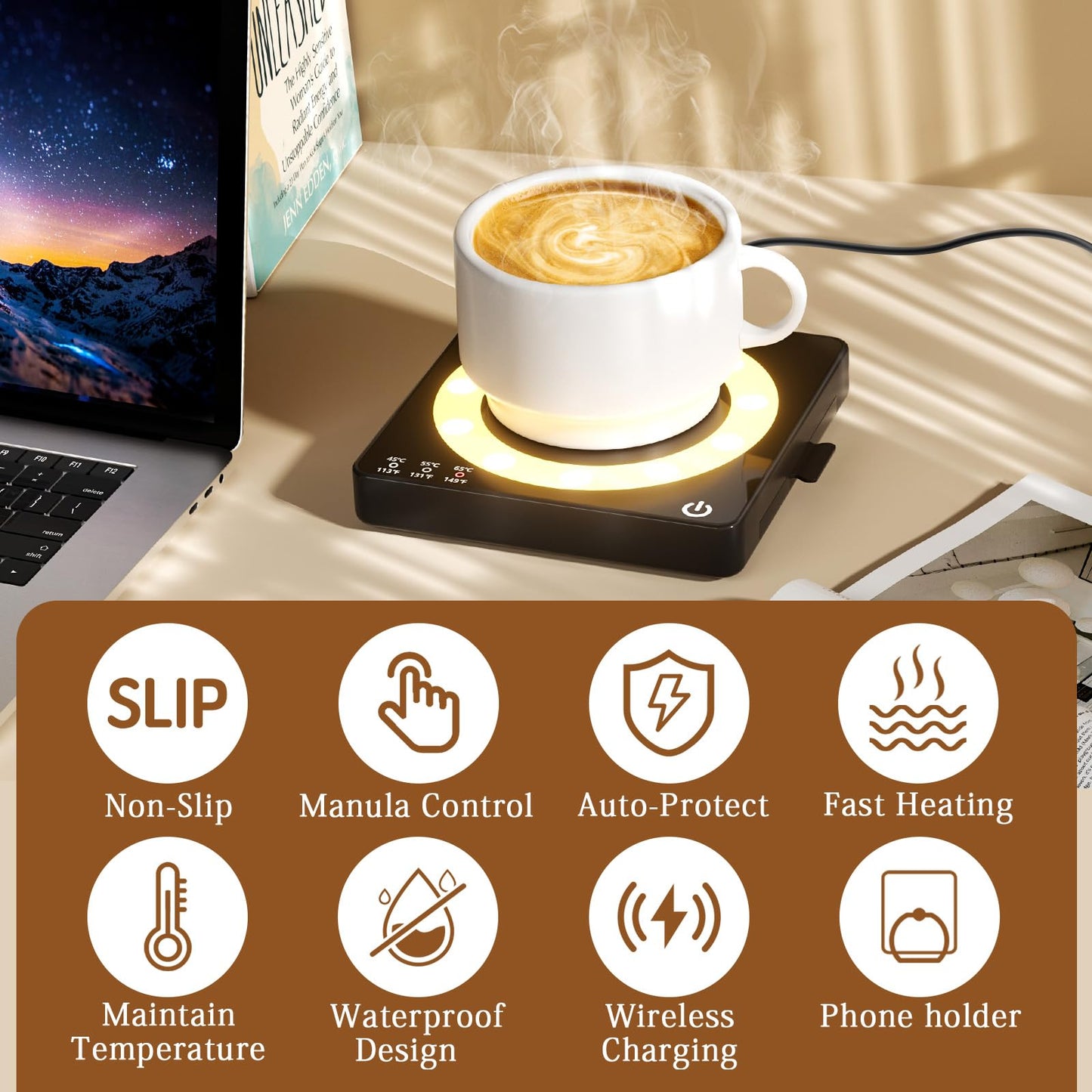 WHOLEV Coffee Mug Warmer, Smart Mug Warmer, 15W Wireless Phone Charging, 3 Heat Settings Temperature Controlled, 8H Auto Off, Candle Warmer, Safe for Heating Coffee, Beverage, Milk, Tea