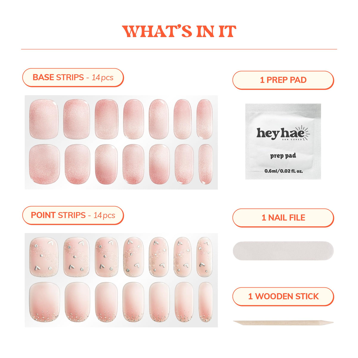 Heyhae Semi Cured Gel Nail Strips | No LED Lamp Needed | Glitter, Pink, Spring | Easy Apply & Remove, Salon Quality | Includes 28 Strips, 1 Prep Pads, Nail File & Wooden stick - Hey, I Miss You