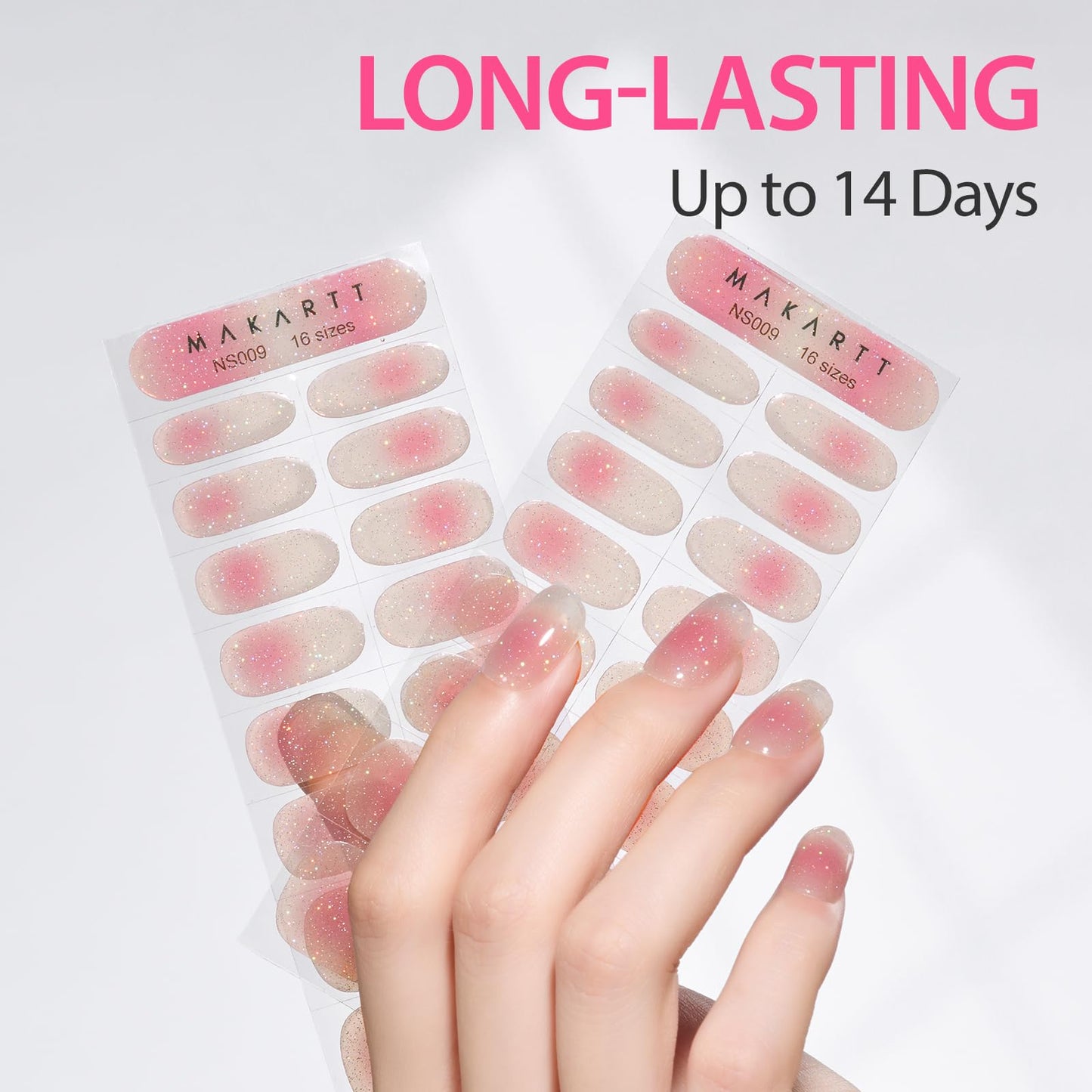 Makartt Semi Cured Gel Nail Strips Kit 2 Packs – Real Gel, Hema & TPO Free, 16 Sizes Anti-Lift Design, UV Required, Long Wear, Dual-Ended Tool & Prep Kit (Nude Ombre Glitter)