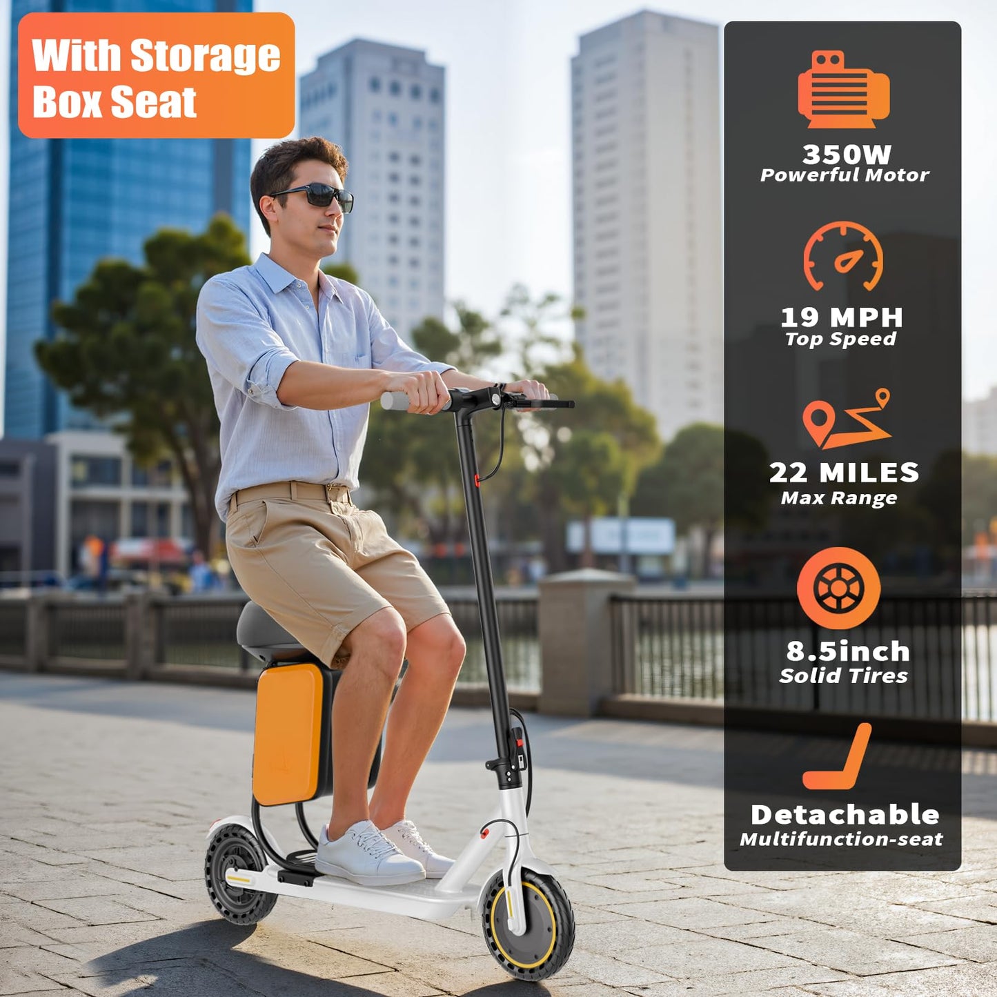 Qlaway 8.5" E Scooter for Adults with Luggage Seat 19 MPH Sport Escooter 350W Motor, Electric Scooter Up to 22 Miles Range, Bearing 265 LBS/APP Control-White