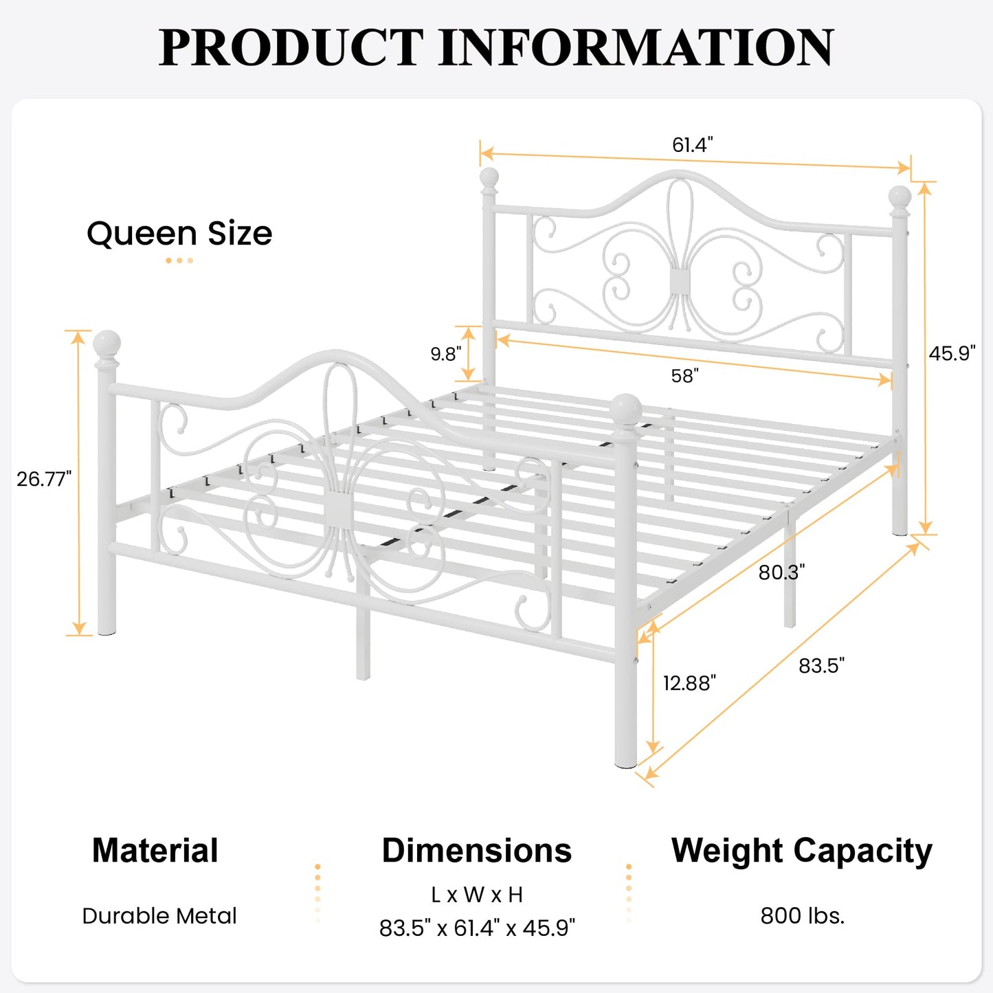 SHA CERLIN Queen Size Bed Frame with Headboard,Metal Bed Frame with Butterfly Pattern Design Headboard & Footboard,No Box Spring Needed,Easy Assembly,White