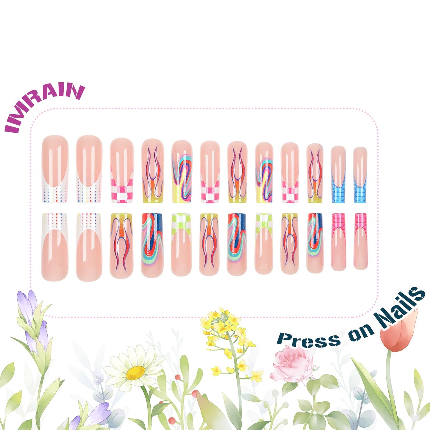 IMRAIN Press on Nails Long Square Fake Nails Colorful Flame French Tips False Nails Full Cover Squoval Glossy Acrylic Artificial Glue Stick on Nails for Women Girls 24Pcs