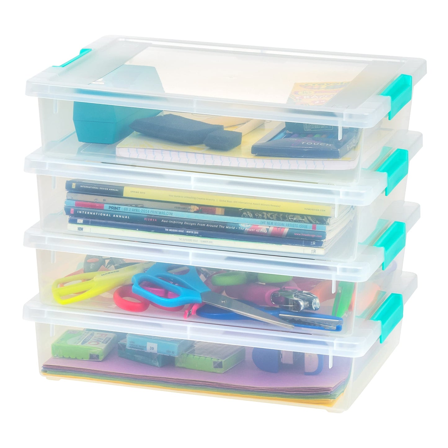 IRIS USA 6 Qt. Craft Storage Bins with Lids, 4-Pack, |Made in USA|, Clip Box, Small Plastic Sensory Bin Tote Organizer Containers for Art Supplies, Paper, & Office, Stackable - Clear/Seafoam Blue