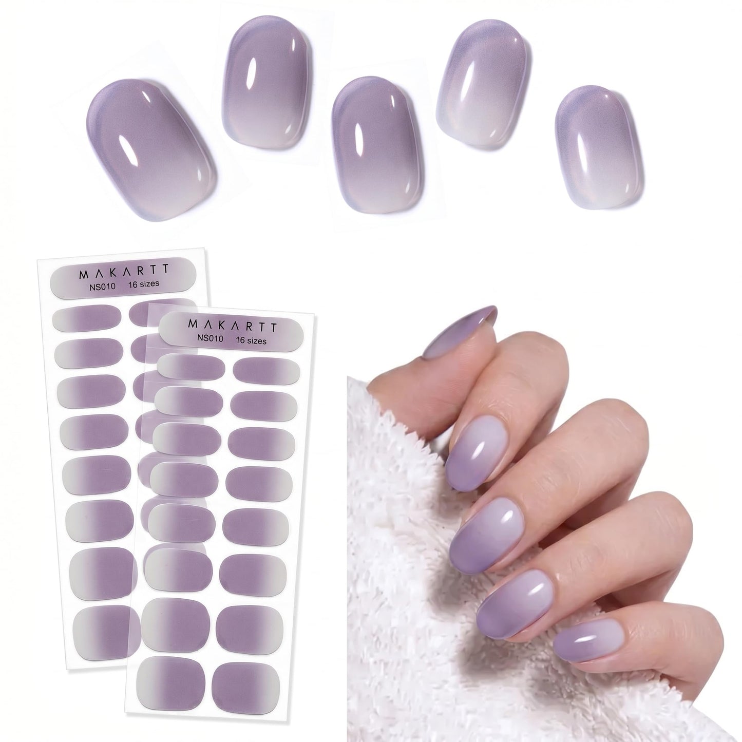 Makartt Semi Cured Gel Nail Strips Kit 2 Packs – Real Gel, Hema & TPO Free, 16 Sizes Anti-Lift Design, UV Required, Long Wear, Dual-Ended Tool & Prep Kit (Lavender Ombre)