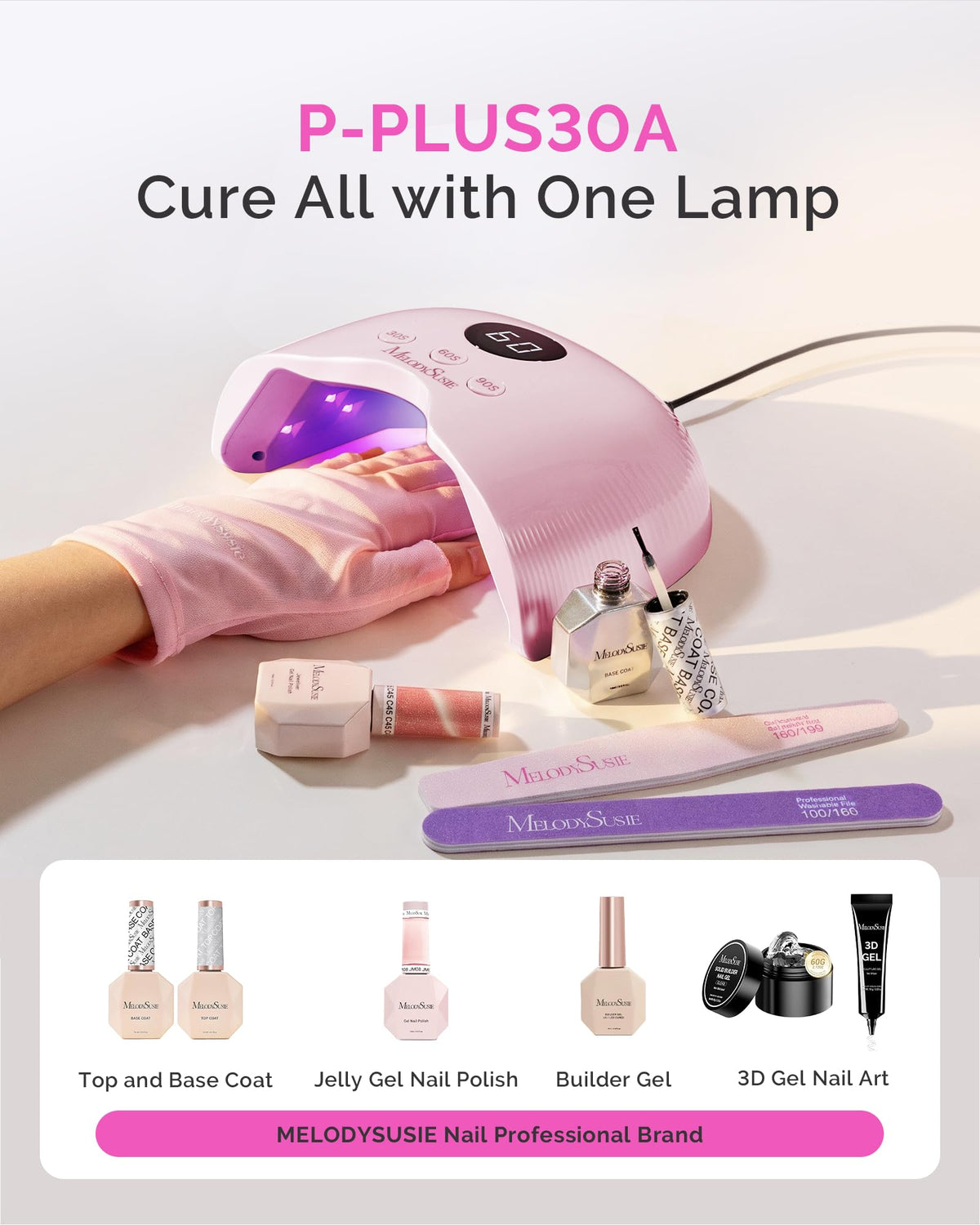 MelodySusie Compact LED UV Nail Lamp with UV Gloves, P-PLUS30A Nail Dryer with Smart Sensor Cures All Gels, Especially Rhinestone Glue, Liner & Cat Eye Gel Polishes for Advanced DIY at Home, Pink
