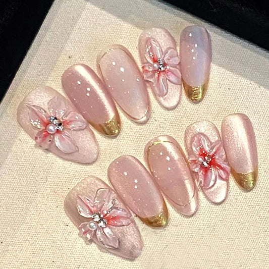 WBRRFJJ Handmade Gold French Tip Almond Press-on False Nails, 24pcs Set with 3D Flower Design, Silver Rhinestones, Full Cover, Glue on Nails for Women DIY Manicure