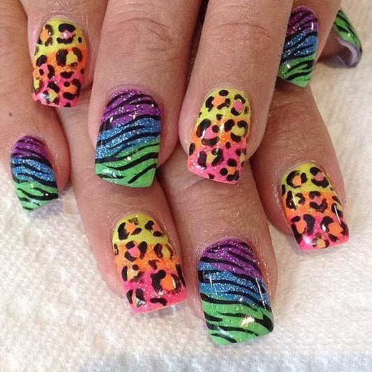 Fluorescent Leopard Print Press on Nails Medium Square Fake Nails Rainbow Leopard Print False Nails with Zebra Prints Design Stick on Nails for Women Girls Summer Manicure Decoration 24 Pcs