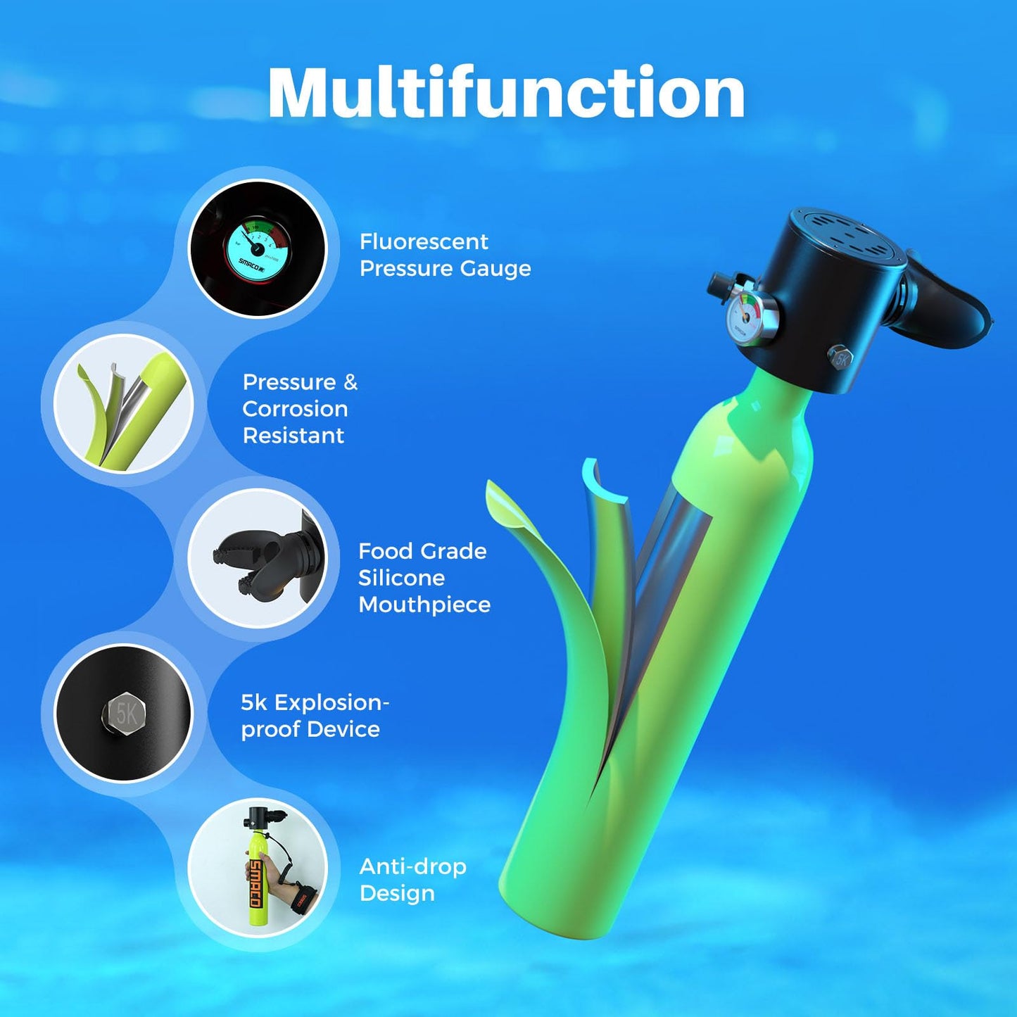 SMACO Mini Scuba Tank 0.5L Portable Small Diving Tank for Underwater Breathing Reusable Diving Cylinder Lung Air Tank for Emergency Rescue Boat Cleaning Backup Air Source Pony Bottle S300 C Green