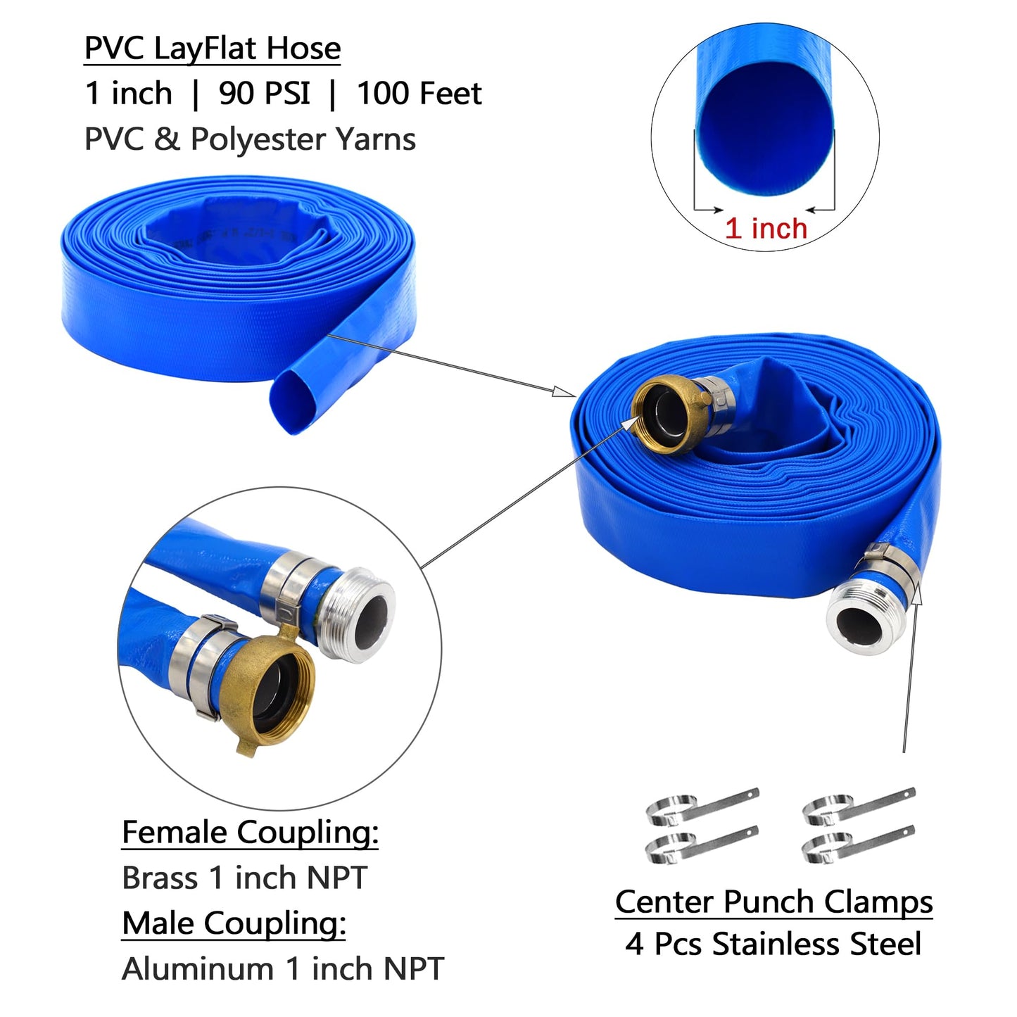 DAVCO 1" ID x 100 ft Pool Backwash Hose, Heavy Duty Reinforced Blue PVC Lay Flat Water Discharge Pump Hoses For Swimming Drain Pools and Clean Filters, With Aluminum Pin Lug Fittings