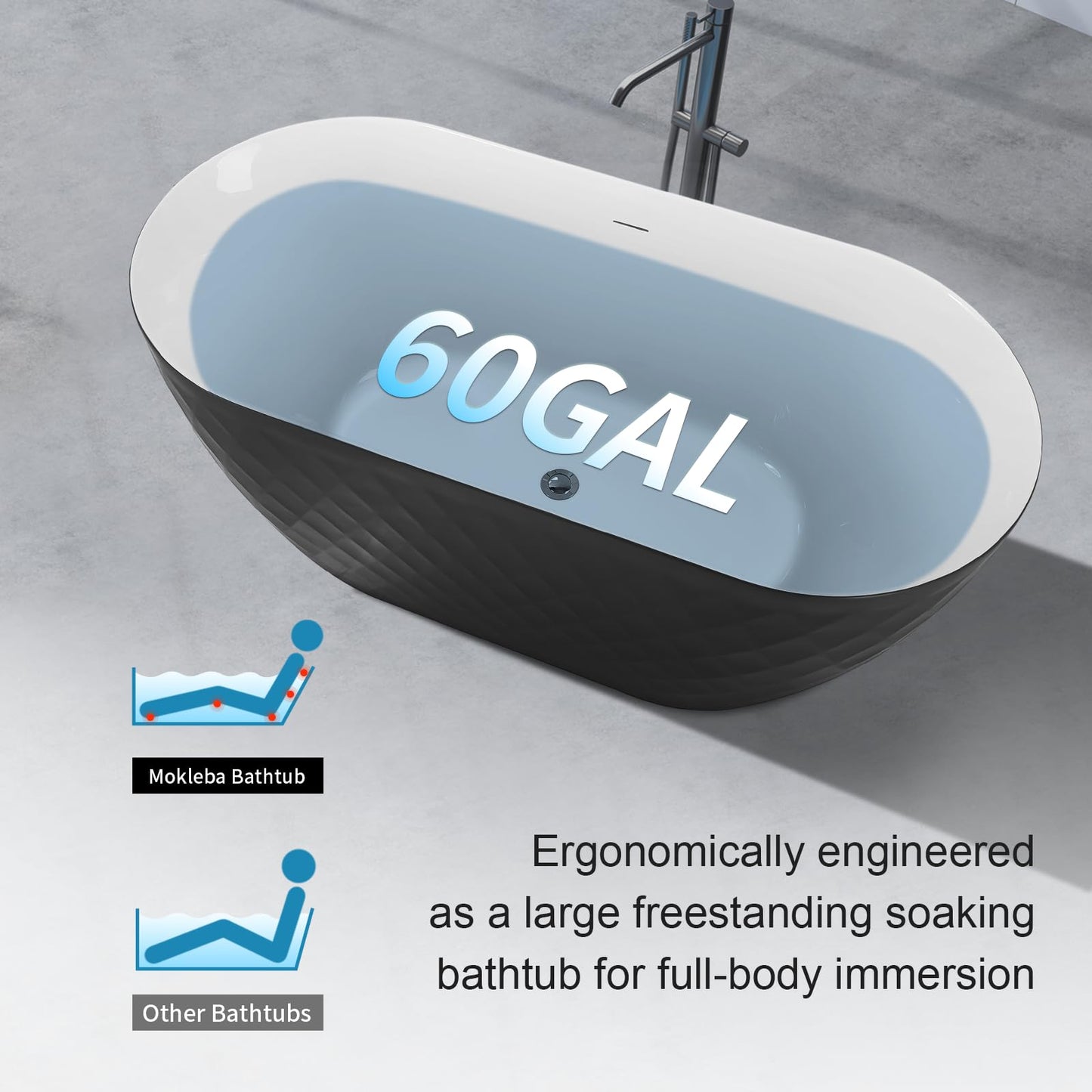 Mokleba 59" Acrylic Freestanding Bathtub，Double Ended Shape lozenge texture Bathtub with Integrated Slotted Overflow, Toe-Tap Chrome Drain, cUPC Certified,Black