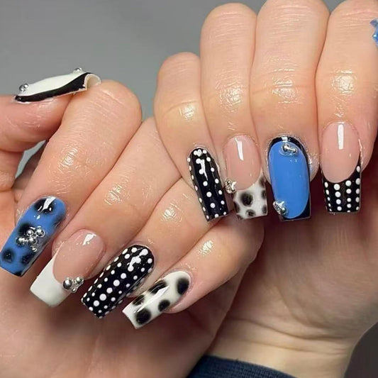 octoswave Press on Nails Medium Square - Black White Polka Dot French Tip 3D Metallic Charms Acrylic Fake Nails for Party Travel Office 24Pcs