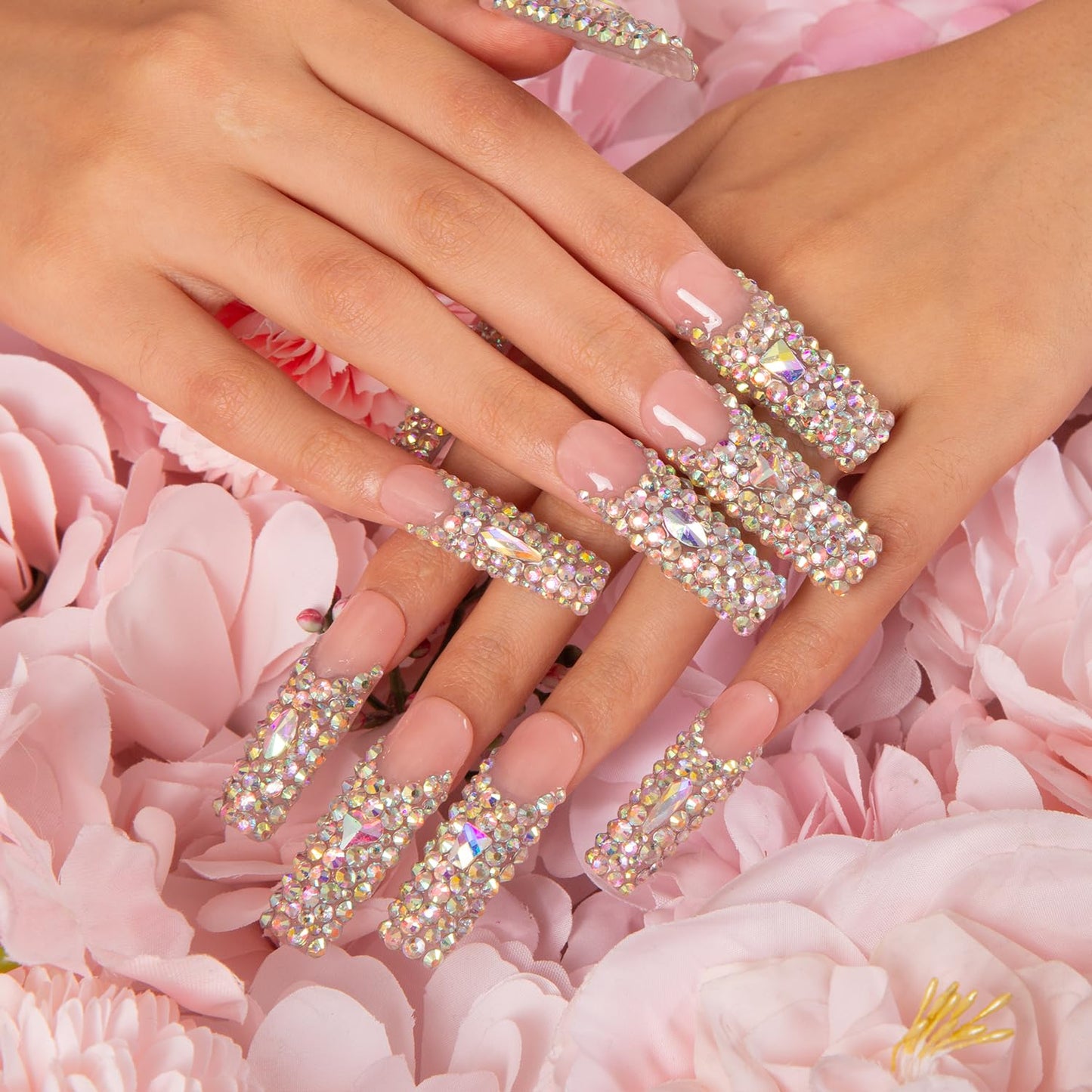 LOVFUL Press on Nails Angel's Tear Rhinestone | Handmade with Full Covered Crystals | Reusable Fake Nails | Square Mid length 1.7in | H48-L