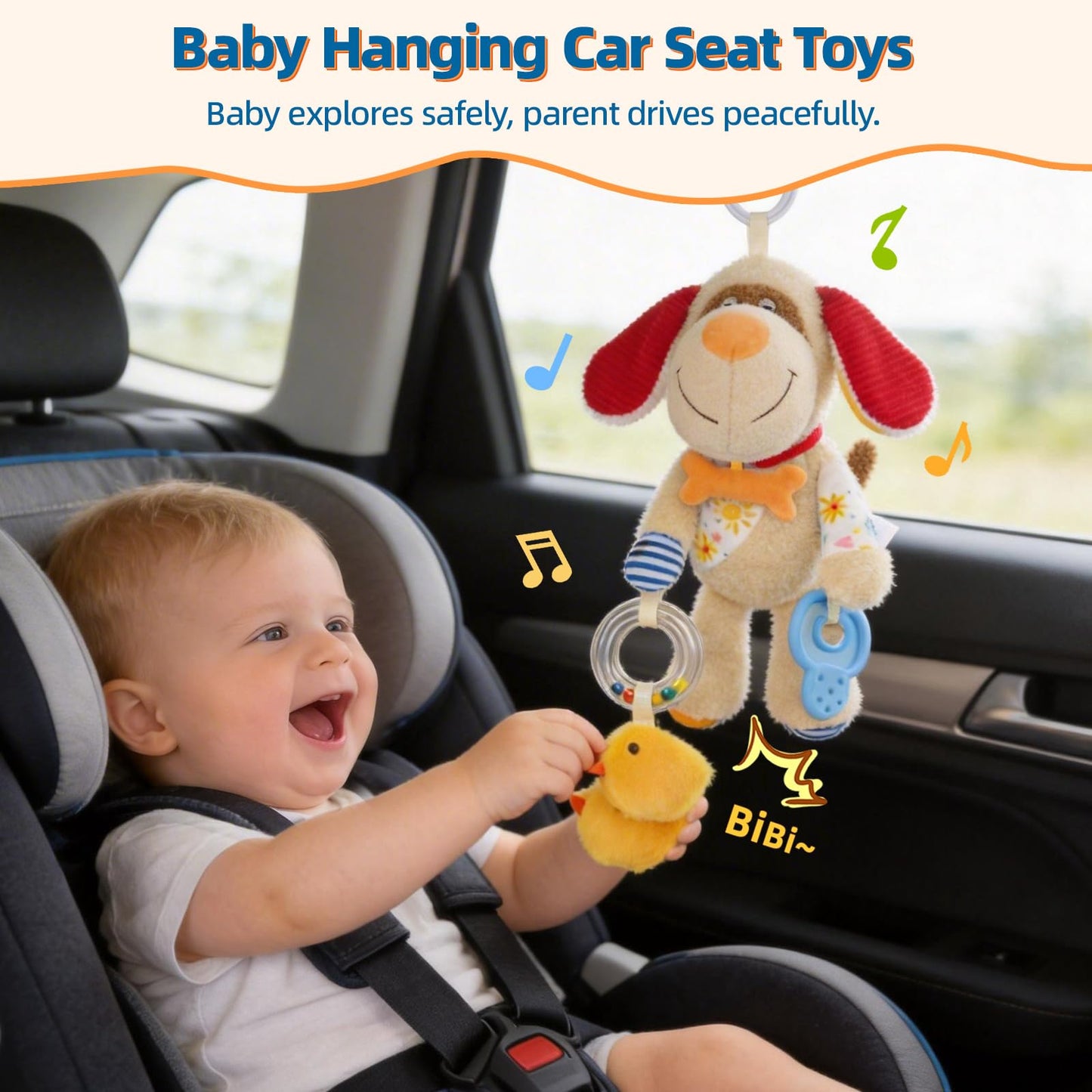 Baby Car Seat Toys for Roadtrip, Hanging Sensory Toys 0 6 12 Months with Teether, Crinkle Paper, Rattles & Squeaker, Montessori Travel Plush Toy for Newborn Infant Boys Girls Gift