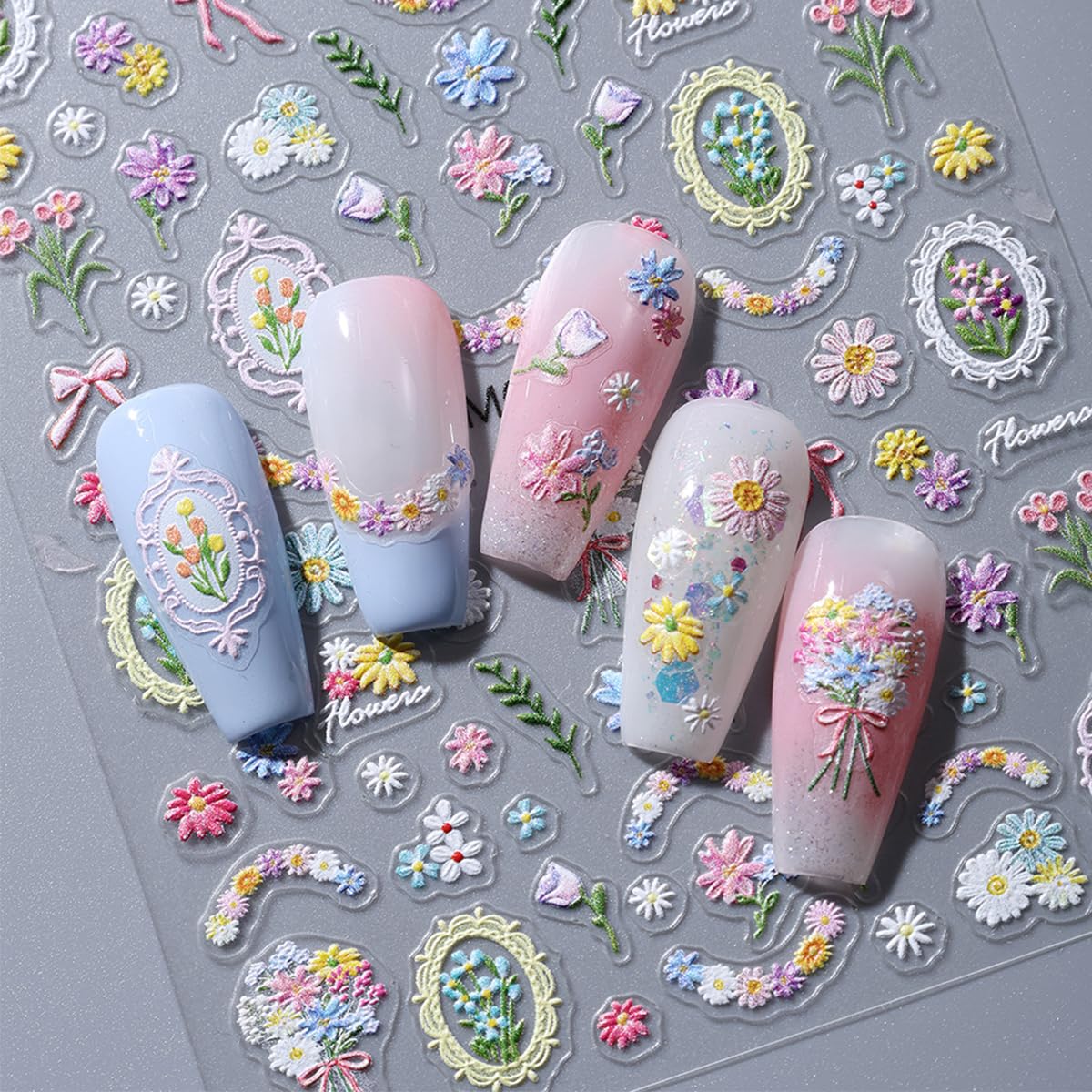 6 Sheets 5D Embossed Spring Flower Nail Art Stickers Colorful Gradient Butterfly Floral Nail Decals French Style Design Flowers Nail Stickers for Women Spring Summer DIY Manicure Supplies