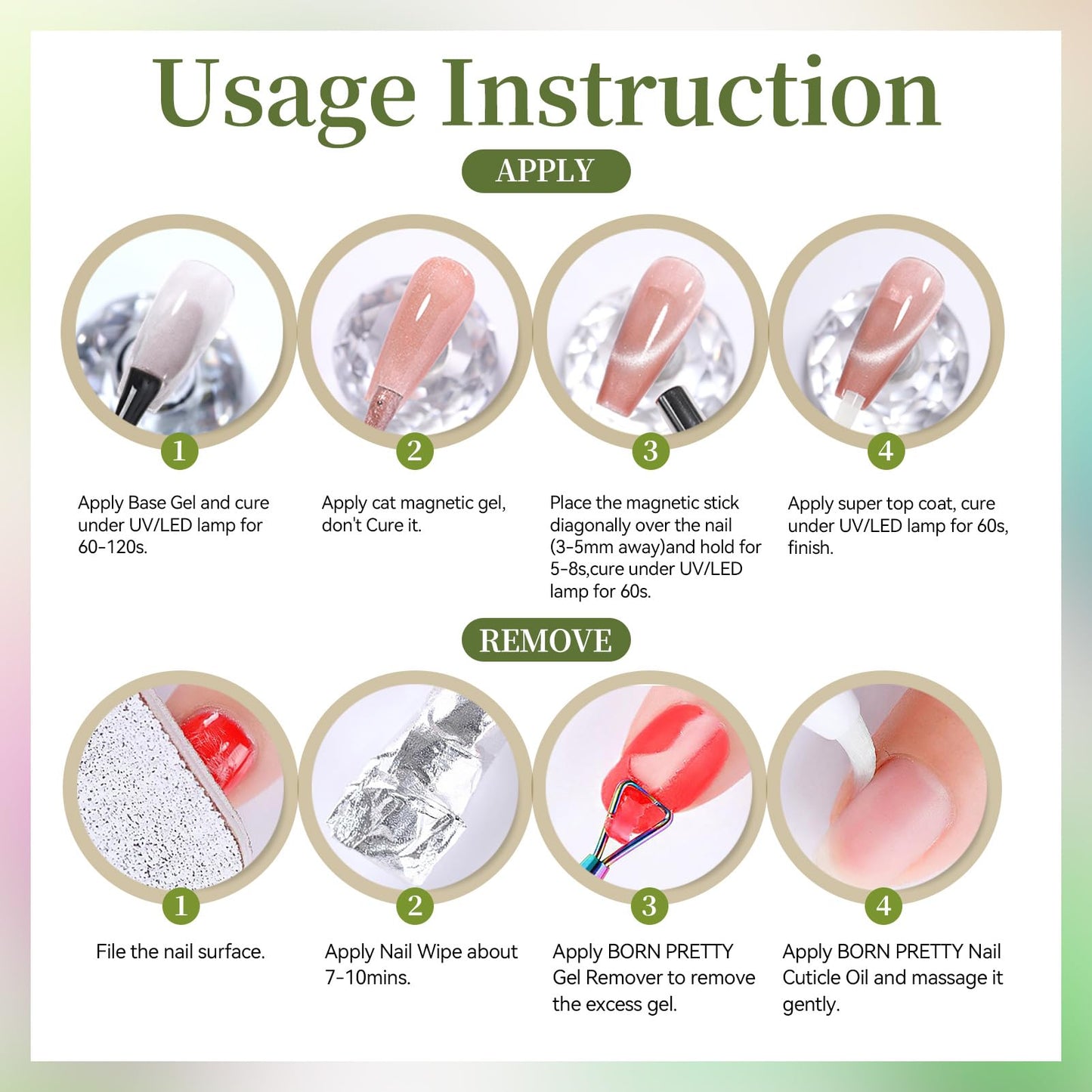 Born Pretty Spring Summer Green Cat Magnetic Eye Gel Nail Polish 6 Colors Shimmer Glitter Holographic Crystal Jelly Sage Olive Emerald Forest Green Translucent Magnetic Gel Polish