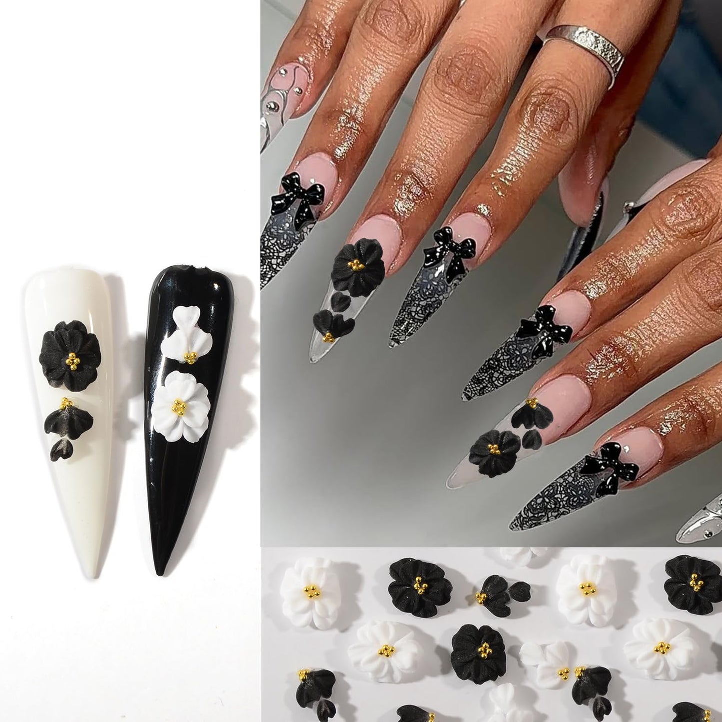 BAIYIYI 30PCS Handmade Acrylic Flowers Nail Art Charms Cute Y2K Summer Floral with Caviar Beads Design High-end Craved Flower Petal Nails Charms for Women Profession Nail Art Craft Jewelry