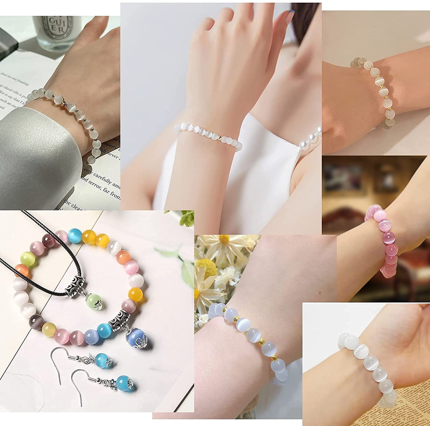 HAAMIIQII 8mm Silver Gray Cat Eye Glass Round Crystal Stone Loose Gemstone Beads for Jewelry Making Bracelets Necklaces Earrings Crafts (45-50pcs)