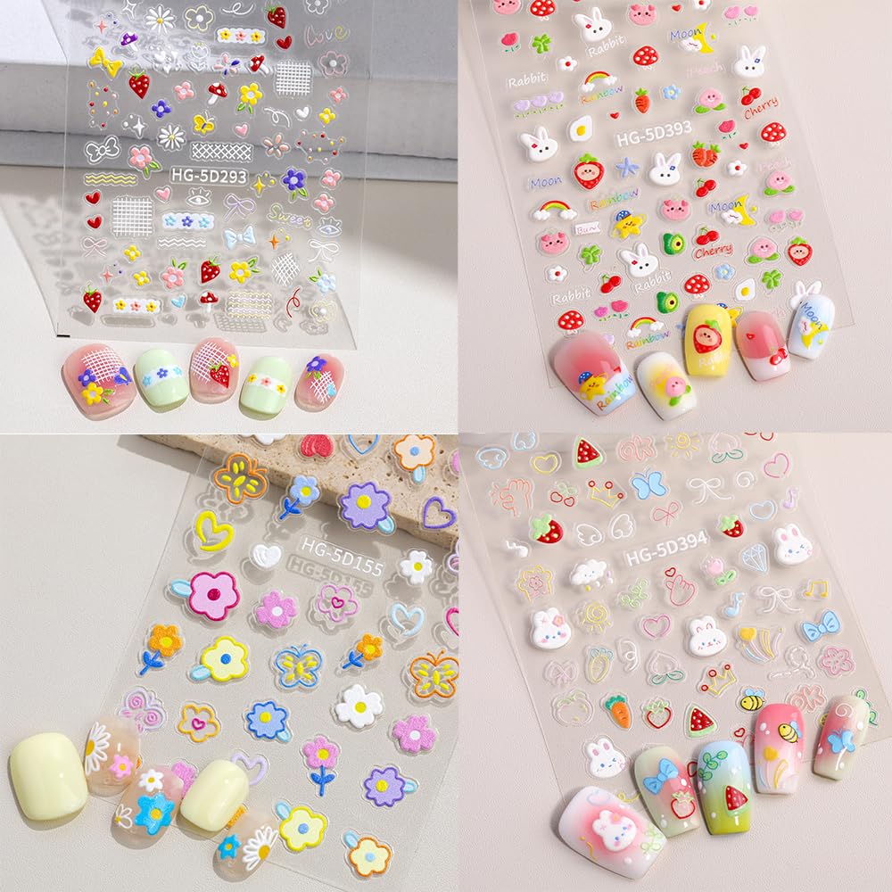 8 Sheets Kids Nail Stickers for Nail Art, 5D Embossed Self-Adhesive Flower Rainbow Dog Fruits Cherry Nail Decals, Cute Nail Supplies Designs Accessories for Women Girls Toddler Manicure DIY Decoration