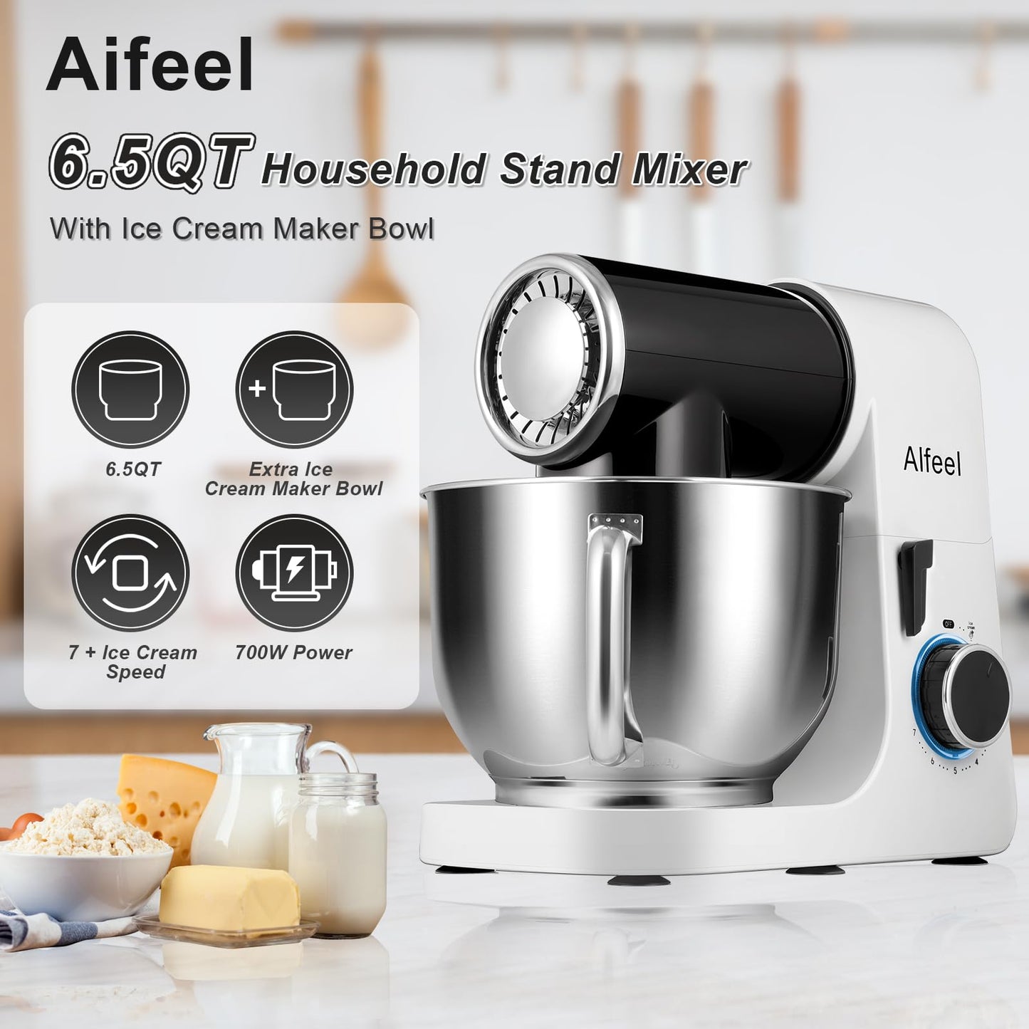 Aifeel Stand Mixer, 6.5QT Mixer with Ice Cream Maker Attachments, Kitchen Electric Mixer Multifunctional Bread Dough Mixer with Dough Hook,Whisk & Beater, Food Mixer for Baking (Black-White)