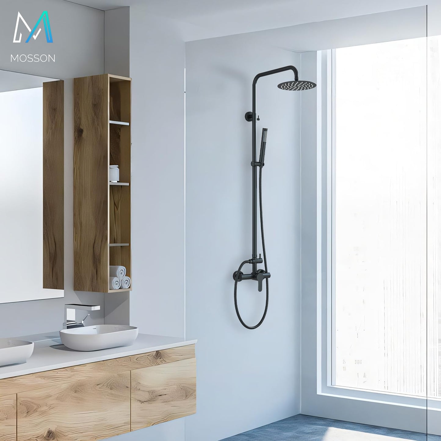 MOSSON Shower System Matte Black Outdoor Shower Fixtures with 8" Rain Shower Head Handheld Sprayer Single Handle 304 Stainless Steel Wall Mounted Shower Shower Faucet Combo for Bathroom or Backyard