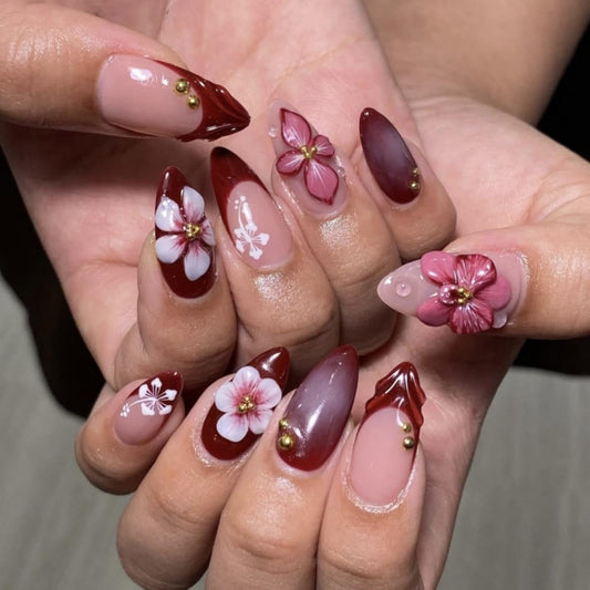 French Tips Press on Nails Medium Almond Fake Nails with Red Flower Charm Design Glossy Ombre Red Glue on Nail Floral Nails Press ons Reusable Full Cover Spring Summer Nail for Women Manicure 24Pcs
