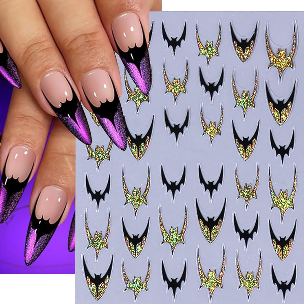 6 Sheets Halloween Bat Nail Stickers for Nail Art 3D Self Adhesive Gothic Bat Nail Decals with Exquisite Gold Silver Glitter French Nail Designs Stickers Holiday Decoration Nails Supply for Women DIY