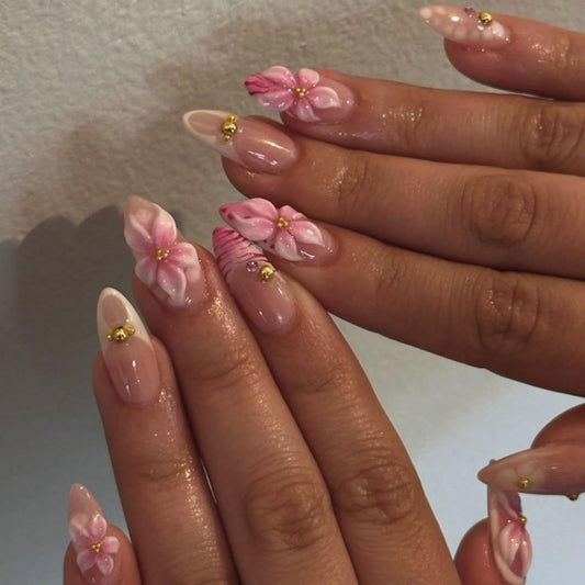 French Tips Press on Nails Medium Almond Fake Nails with 5D Flower Charm Design Glossy Ombre Pink Nails Press on Reusable Rhinestones False Nail Spring Summer Nail for Women Manicure 24Pcs