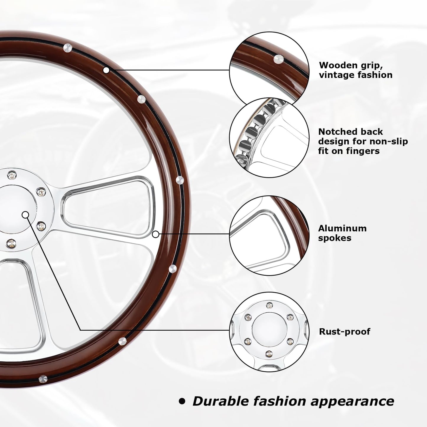QYMOPAY Universal Racing Steering Wheel 14 Inch 6 Bolt Silver Aluminum 3 Spoke Muscle Style Steering Wheel with Horn Button for Racing/Rally/Motor sports Rivet
