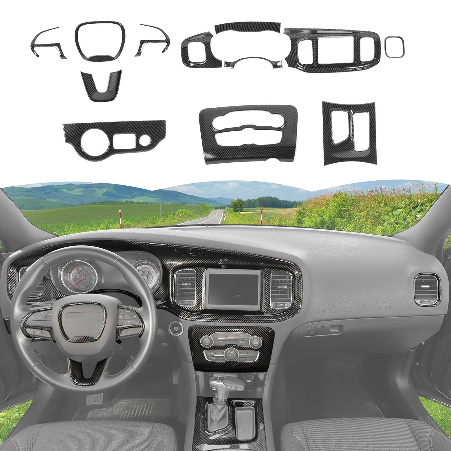 RT-TCZ Carbon Fiber Interior Trim Kit Cover Center Console Decoration Accessories for Dodge Charger 2015-2025,12PCS