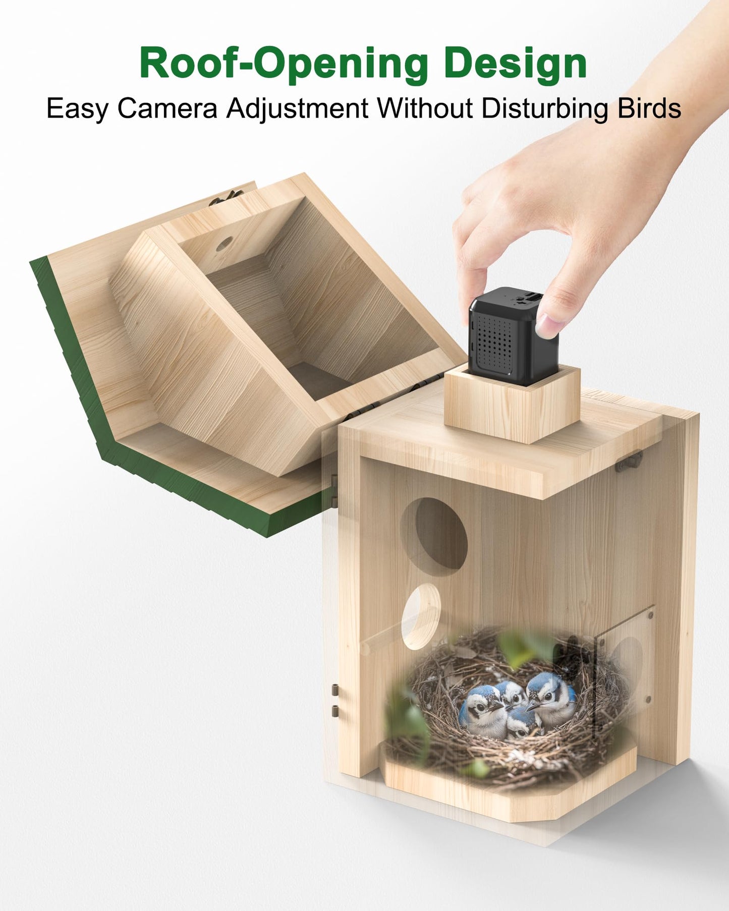 Smart Bird House with Camera Solar Powered, 2K HD Wi-Fi Bird Watching Camera for Birdhouse, Auto Detect & Notify, Night Vision, APP Control, Wooden Birdhouse with Camera Inside（Feeder）